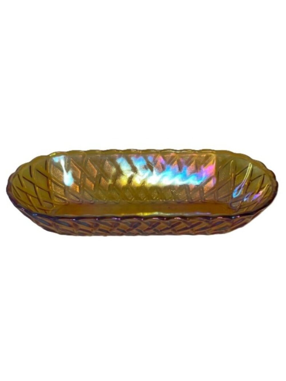 Vintage Marigold Amber Carnival Indiana Glass Oval Dish Pretzel Basketweave